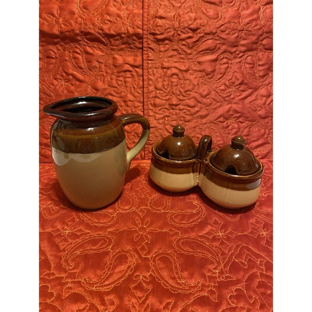 Vintage Brown Stoneware Milk Pitcher, Condiment Holder, Early‎ 20th Century